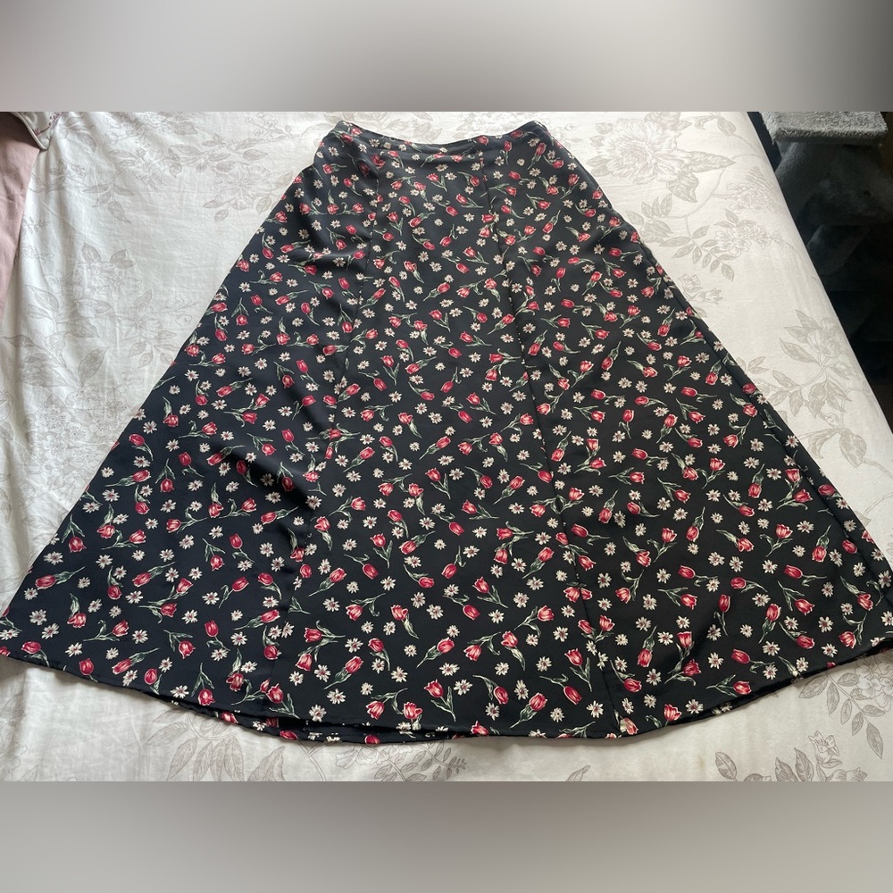 Vintage Black Floral Maxi Skirt Medium Whimsigoth Fairy Grunge Whimsy 90s Witchy